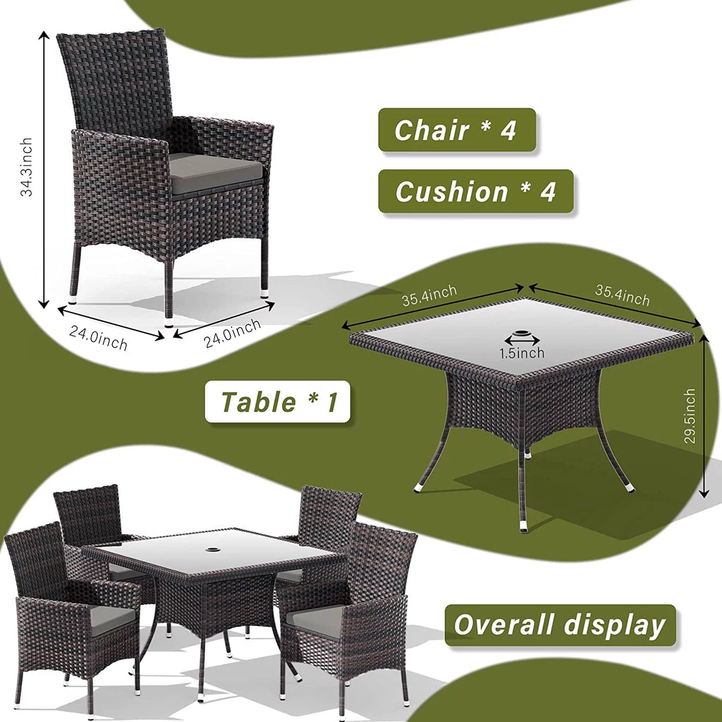 5 Pieces Patio Dining Set with Glass Tabletop 4 Chairs with Cushions Gray B5160
