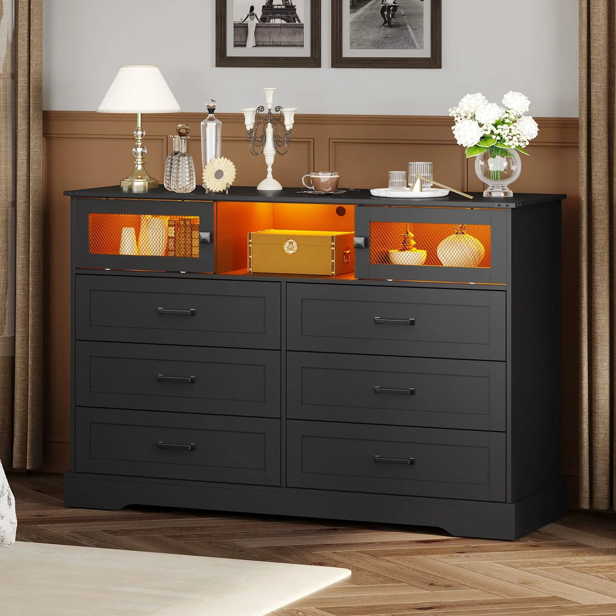 Black 6 Drawer Wood Dresser with 2 Sliding Doors N89079