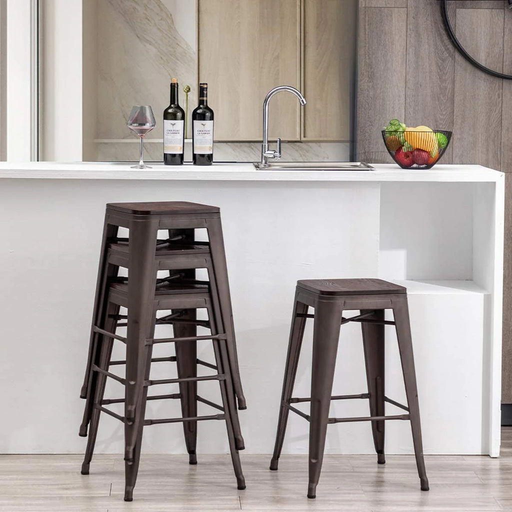 Set of 4 Metal Bar Stools Wood Seat Backless Q3484