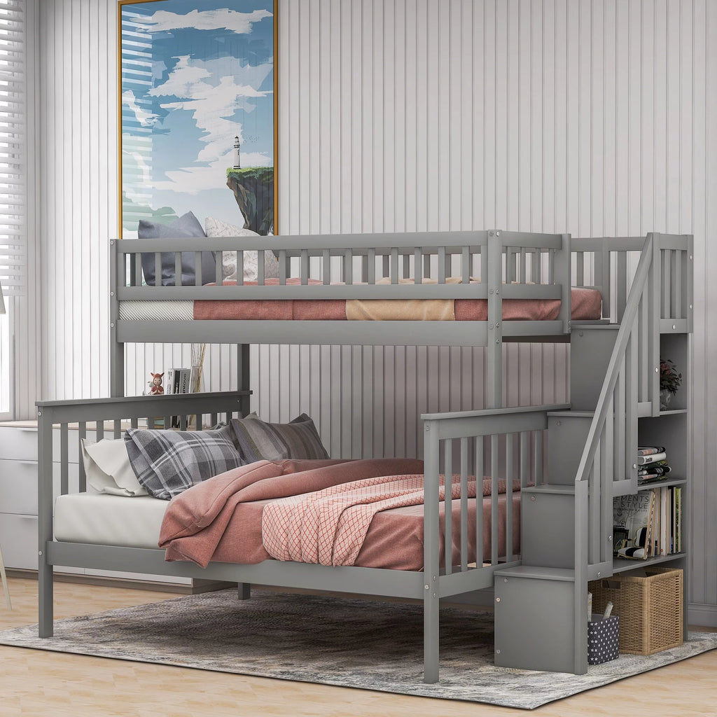 Gray Wood Twin over Full Bunk Bed with Stairs and Storage Shelf P126