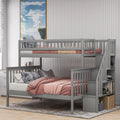 Gray Wood Twin over Full Bunk Bed with Stairs and Storage Shelf P126