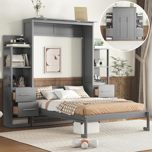 Queen Murphy Bed with LED Lights and Storage Drawers E44629