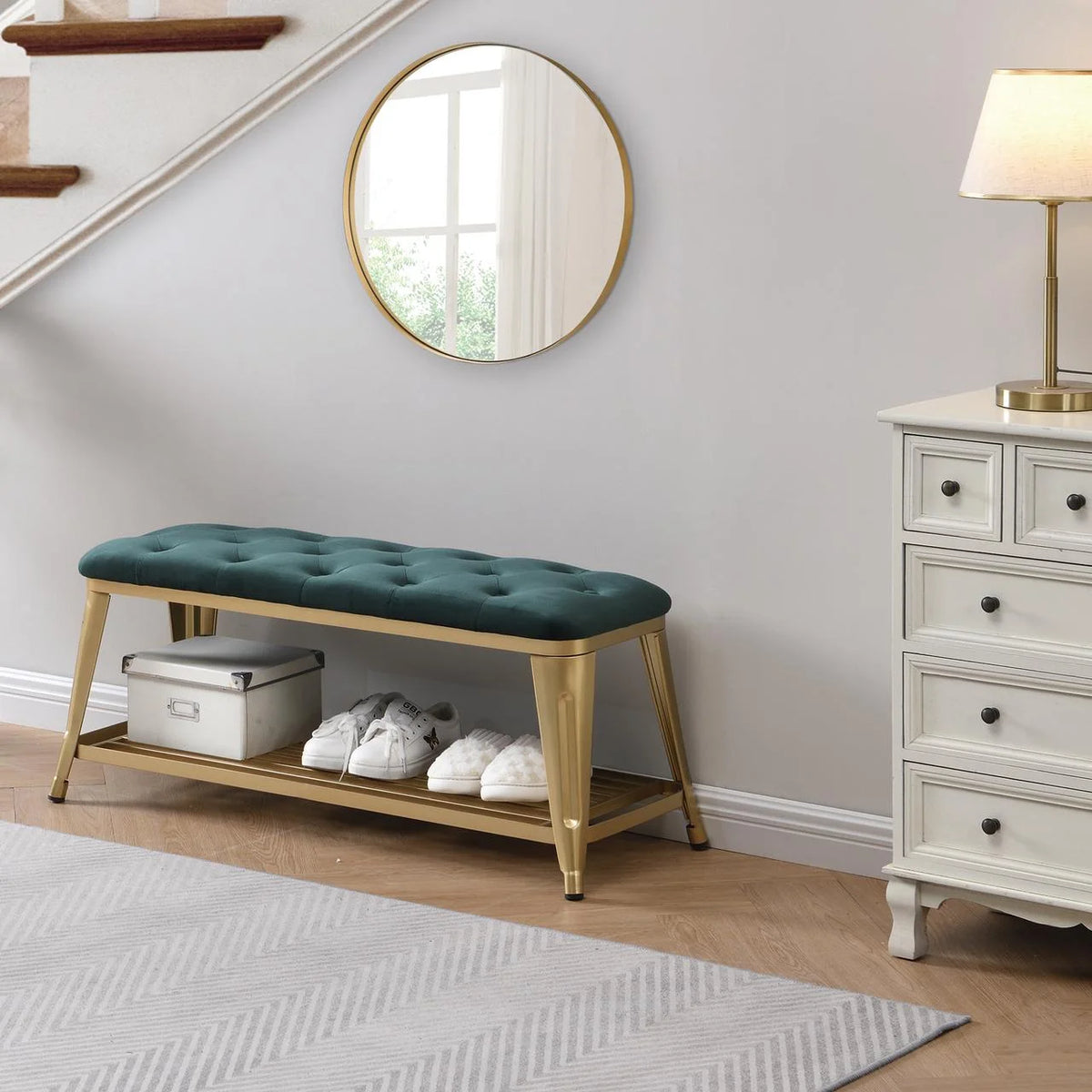 Shoe Storage Bench with Velvet Seat and Gold Legs P12579