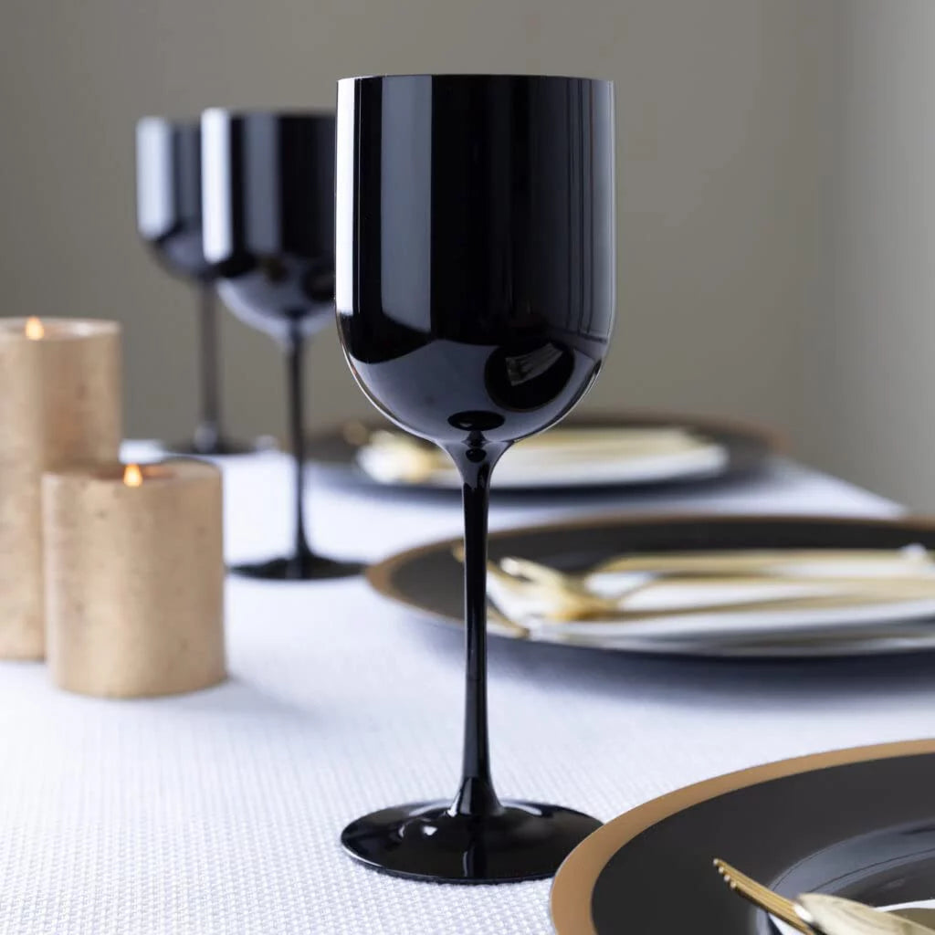 20 Pack Black 12 oz Plastic Wine Glasses with Gold Rim D1260