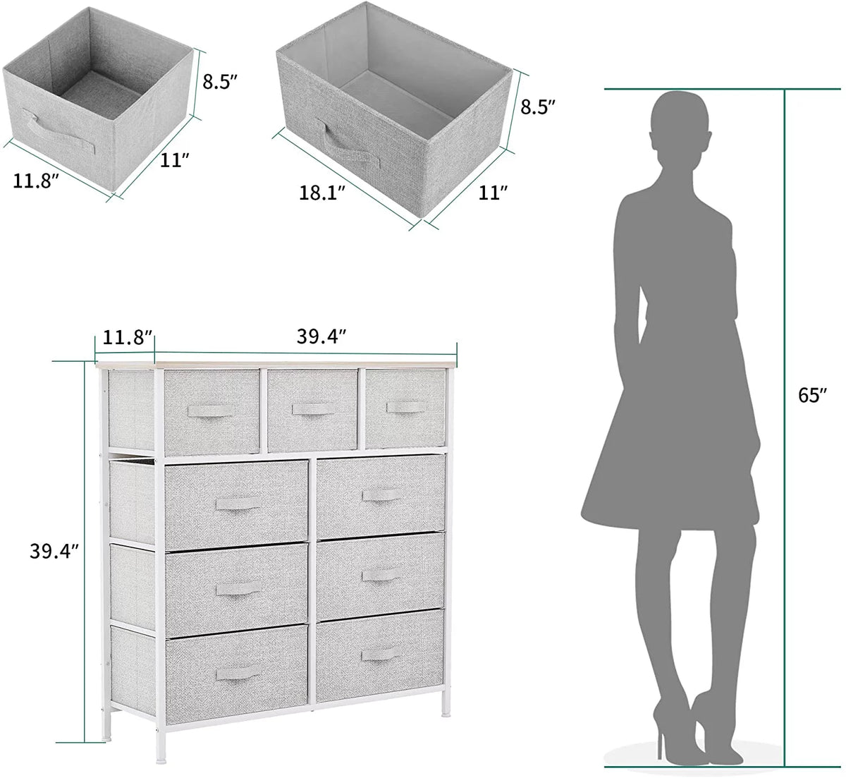 Light Gray 9 Drawer Dresser Storage Chest R9497