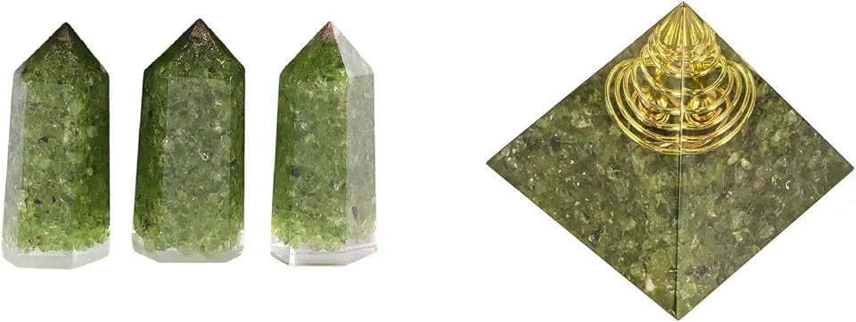 Set of 3 Peridot Healing Crystal Wands & Peridot Crystal Orgone Pyramid K22952