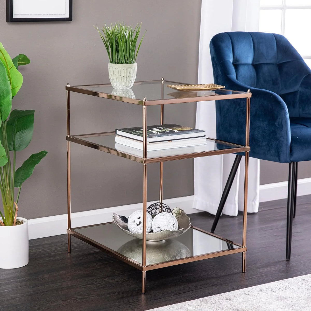 Mirrored Side Table, 3-Tier, Copper N8209