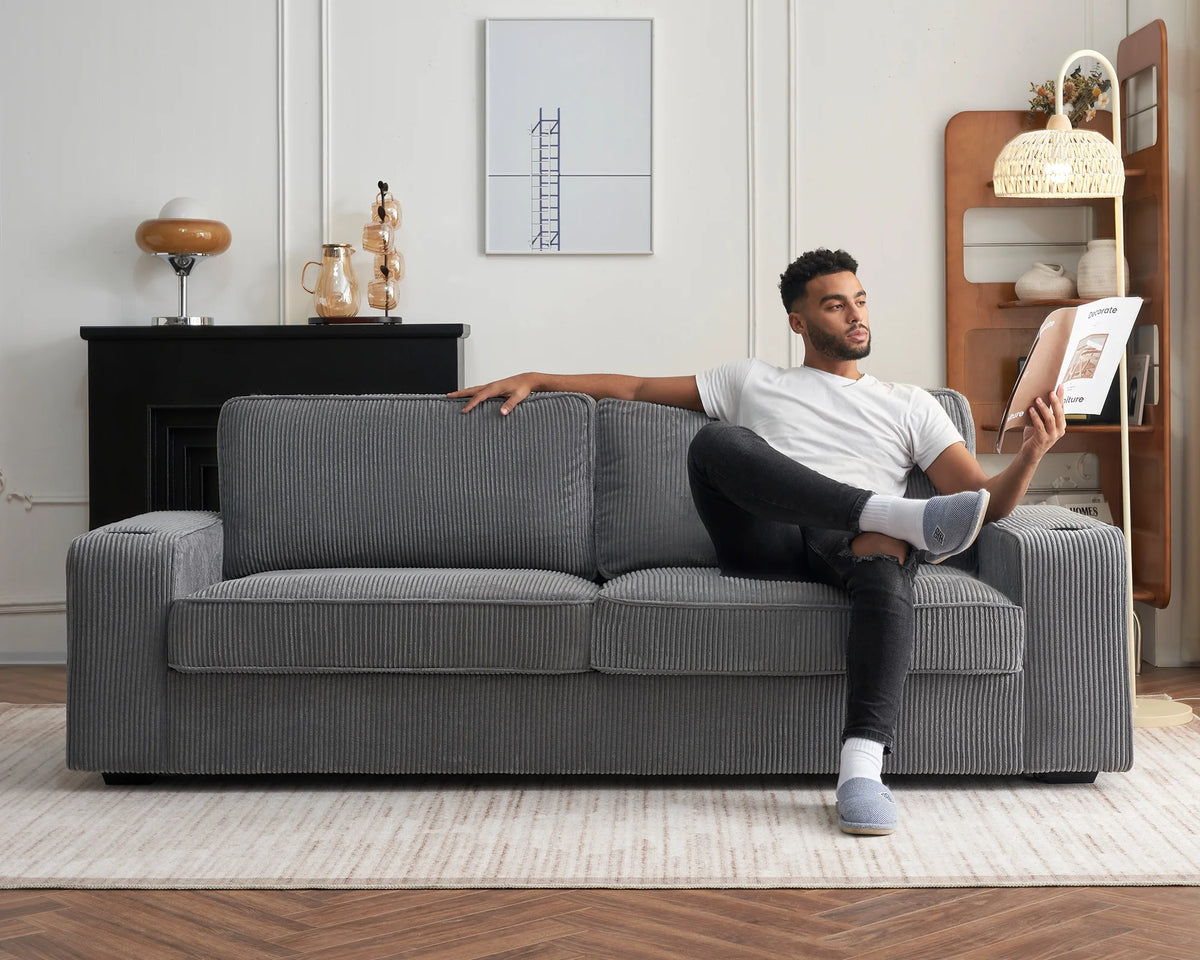 89 inch Grey Chenille Sofa with USB Charging Ports & Cup Holders Q549628