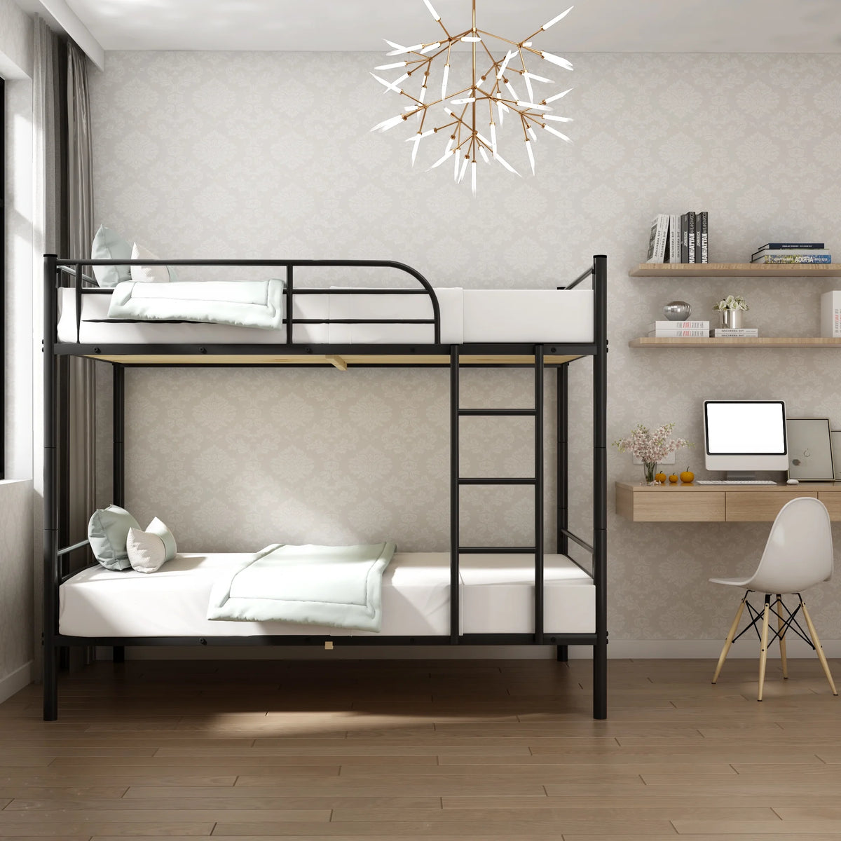 Twin over Twin Metal Bunk Bed with Ladder and Safety Rail M907