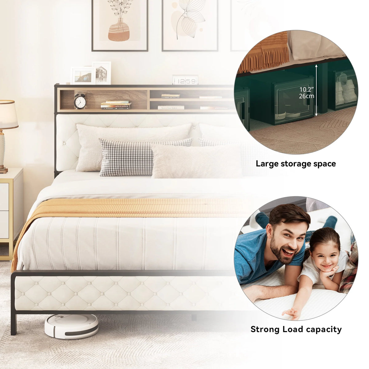 Queen Size Beige Bed Frame with Charging Station and Storage Headboard W19513
