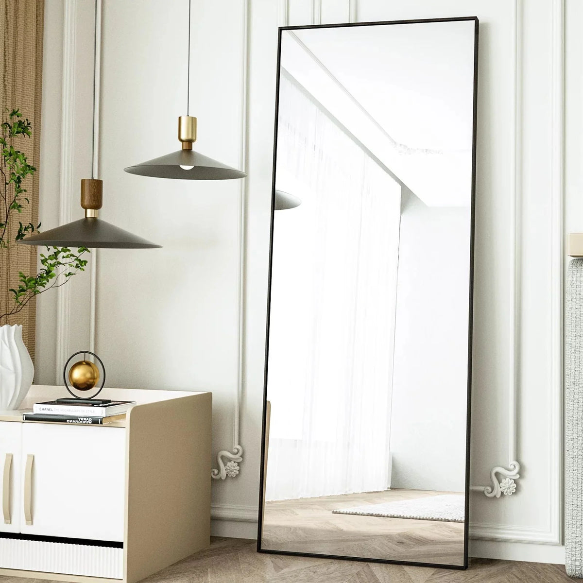 64x21 Full Length Mirror Rectangle Body Dressing Floor Standing Mirror, Black T615842