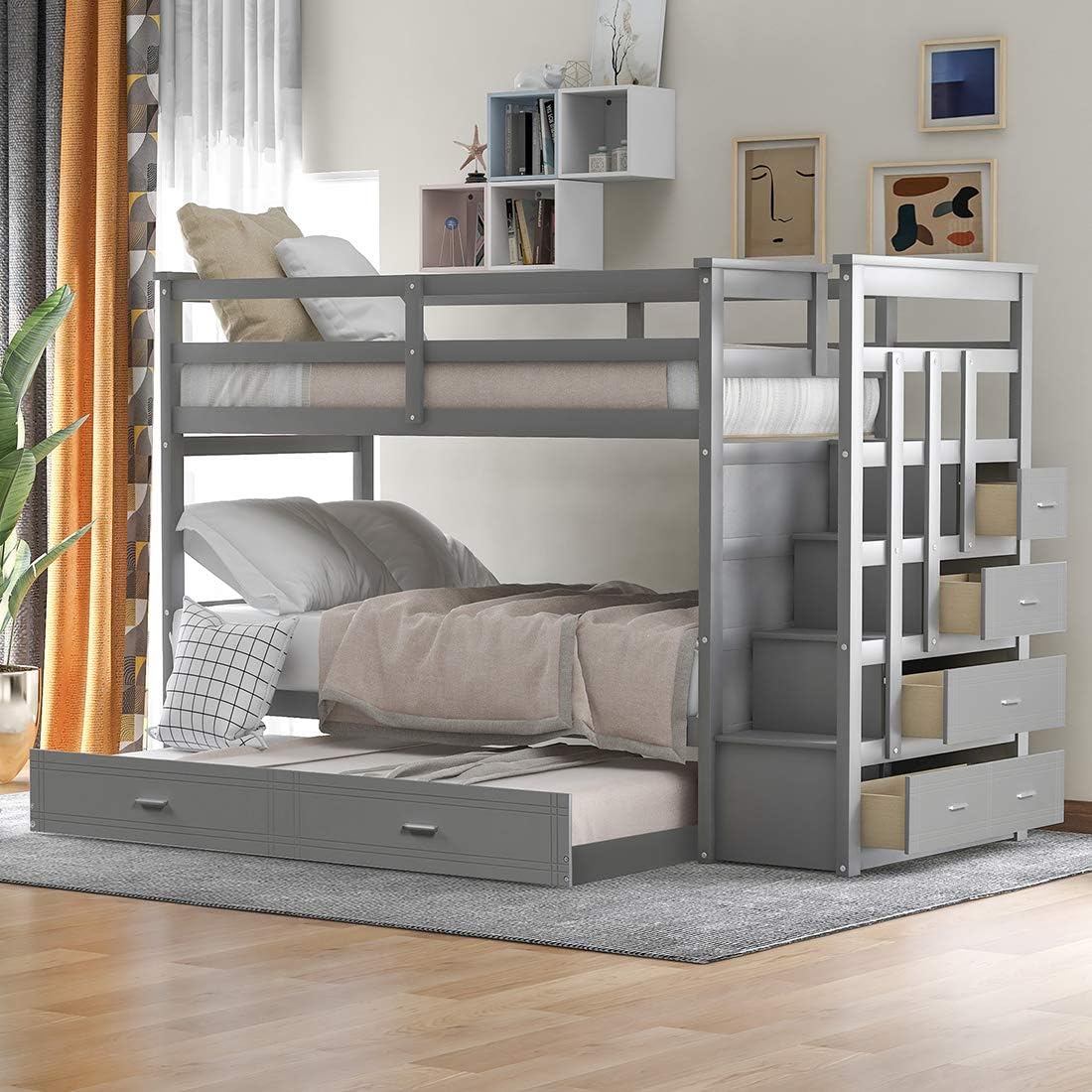 Twin Over Twin Bunk Bed with Trundle and Staircase X949221