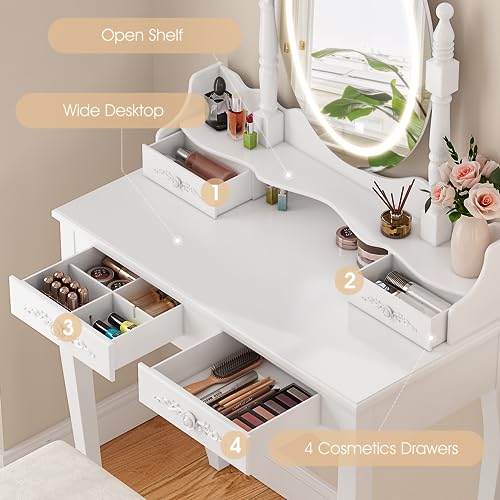White Vanity Desk with Mirror and Lights, 4 Drawers and Cushioned Stool Set M3058