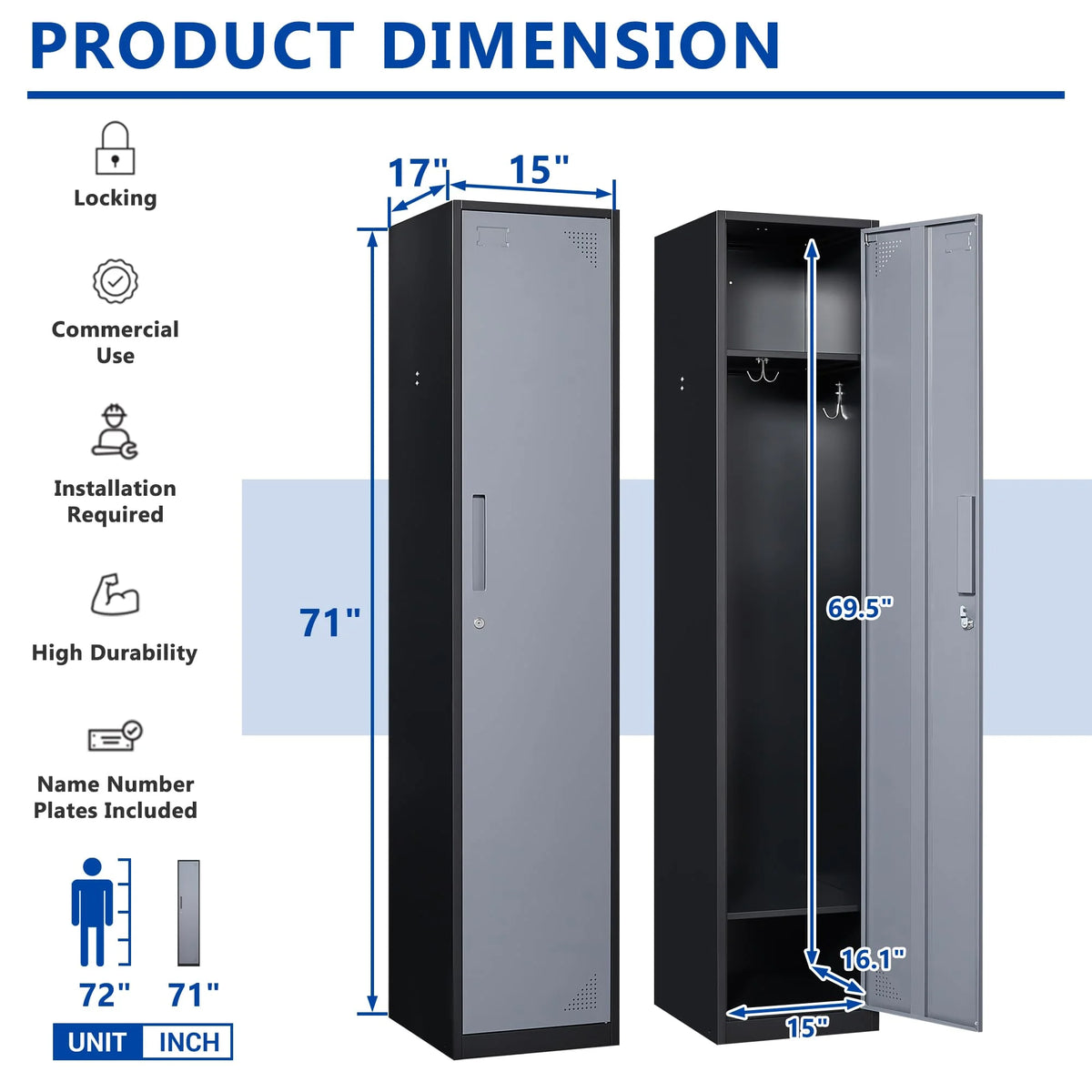 71" Gray Steel Storage Cabinet with Door E942