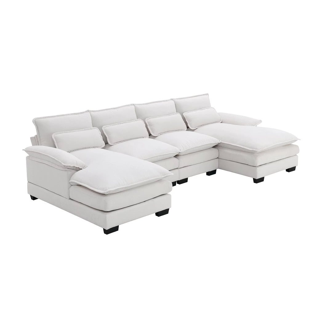 White Chenille U-shaped 6 Seat Sofa with Chaise Lounge B7737