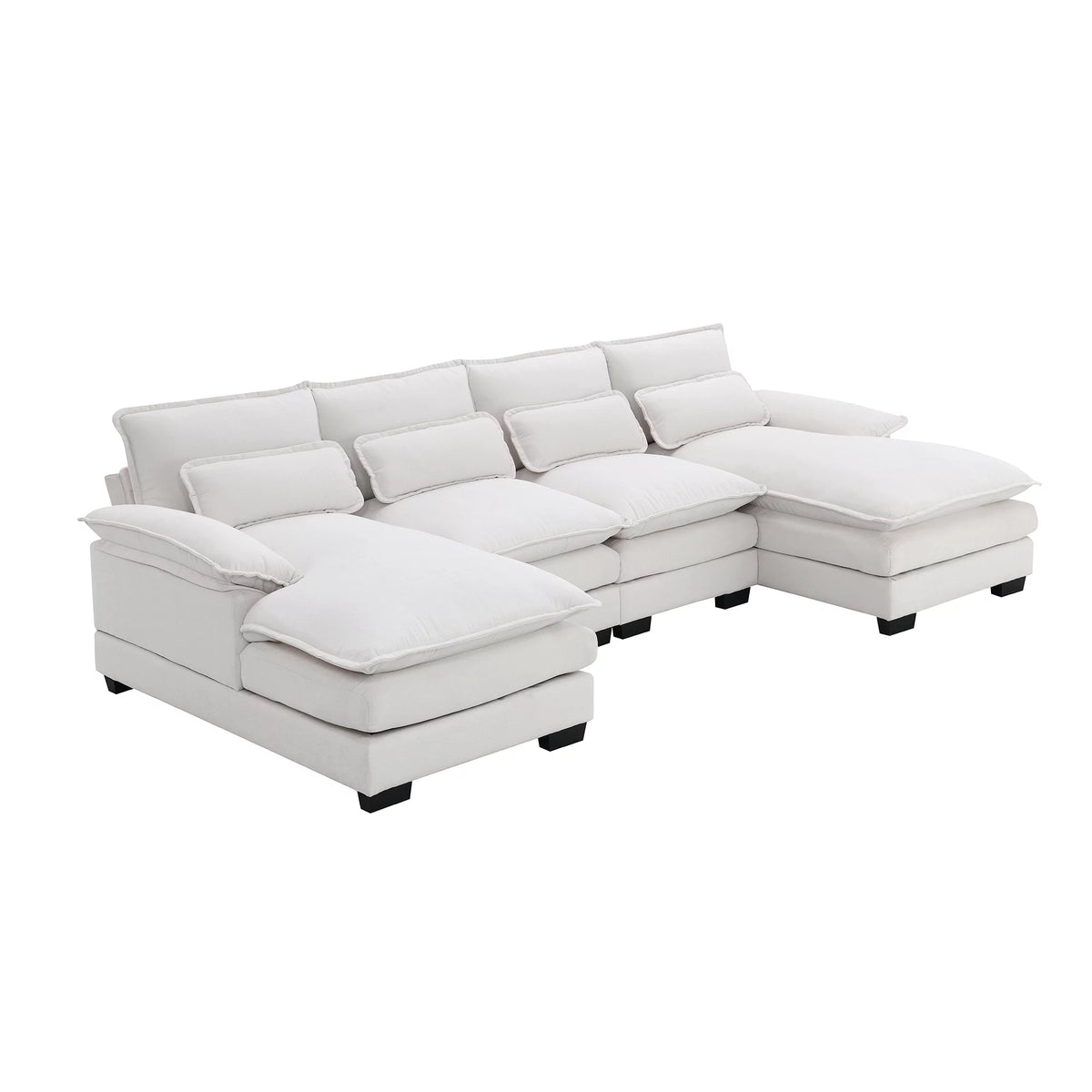White Chenille U-shaped 6 Seat Sofa with Chaise Lounge B7737