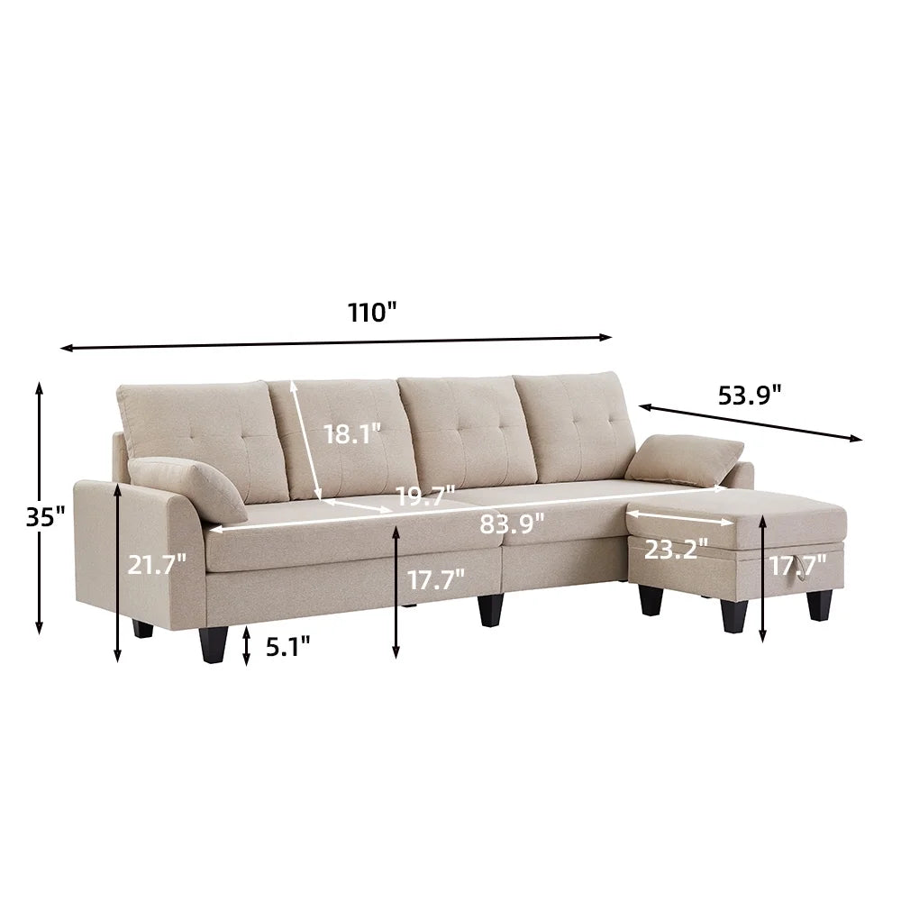 Modern Sectional Sofa with Reversible Chaise L Shaped 4-Seat Convertible Sofa P65308