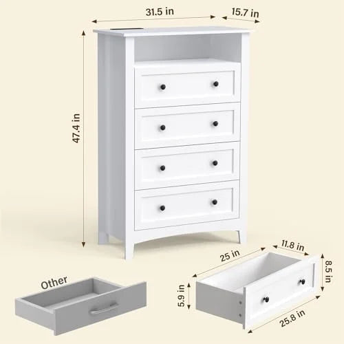 White 4 Drawer Dresser with LED Lights and Charging Station K936
