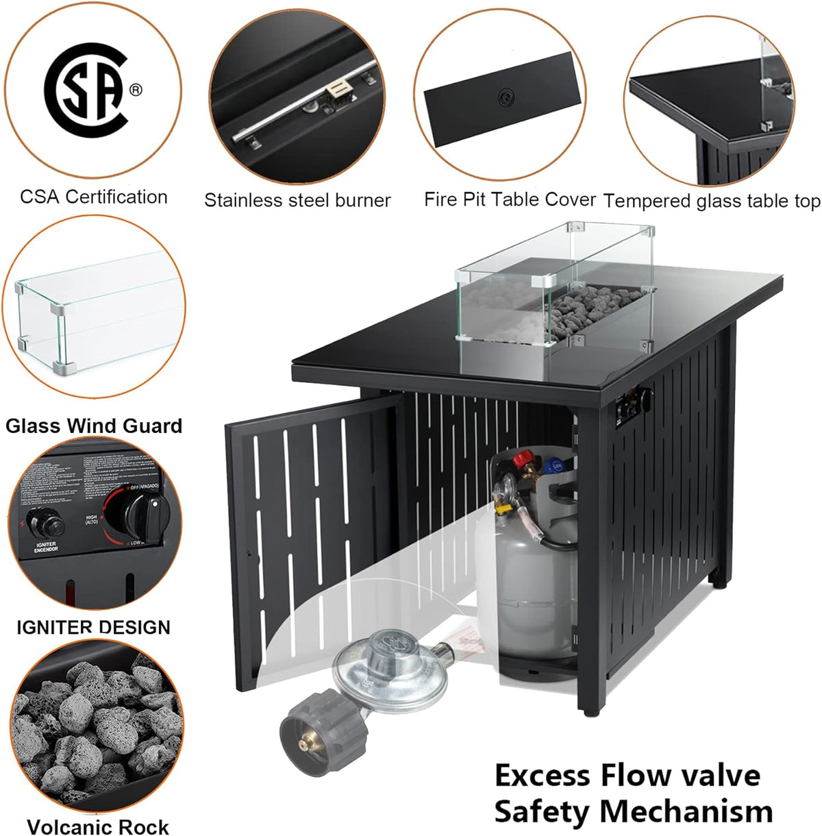 Propane Fire Pit Table 43 in 60,000BTU Auto-Ignition with Glass Wind Guard U248