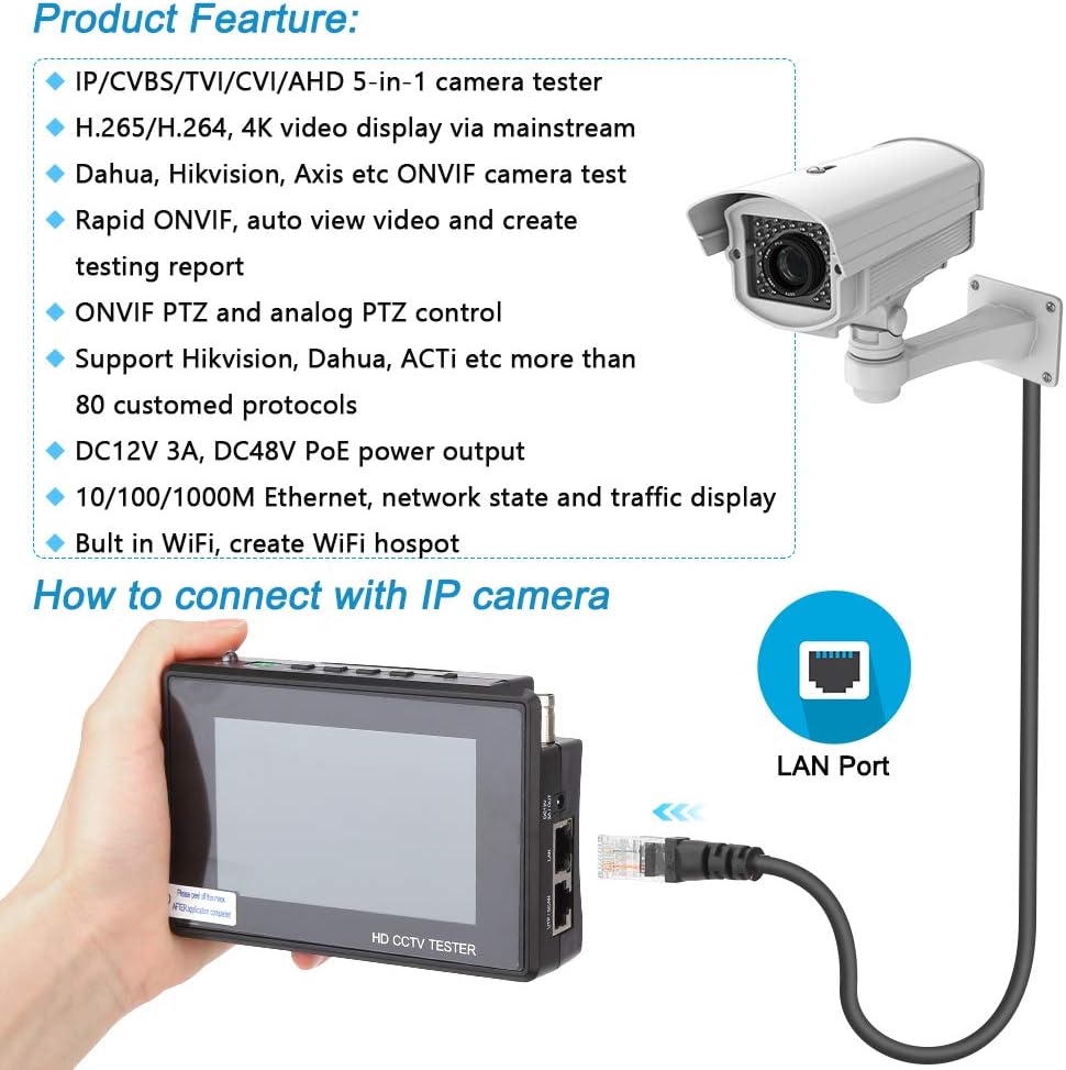 4 Inch Portable IP Camera Tester 4K H.265 CVBS CVI TVI AHD Analog with POE V7401