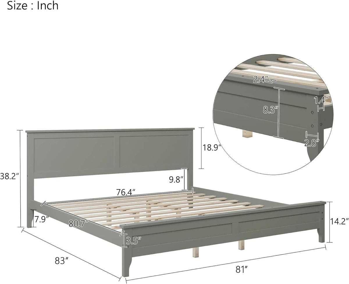 King Size Wood Platform Bed Frame with Headboard and Slat Support, Grey W2152