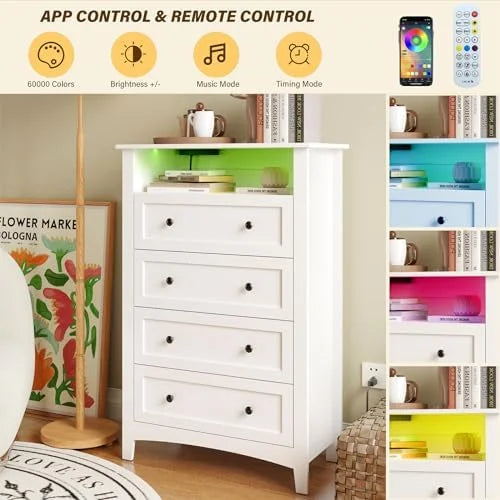 White 4 Drawer Dresser with LED Lights and Charging Station K936