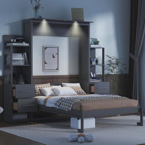 Queen Murphy Bed with LED Lights and Storage Drawers E44629