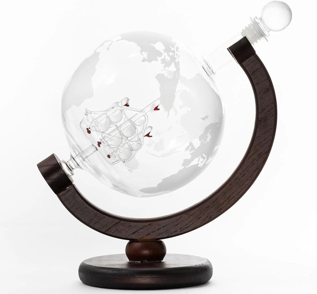 50 Oz Handmade Etched Globe Decanter Set with Wooden Stand and 2 Glasses X96220