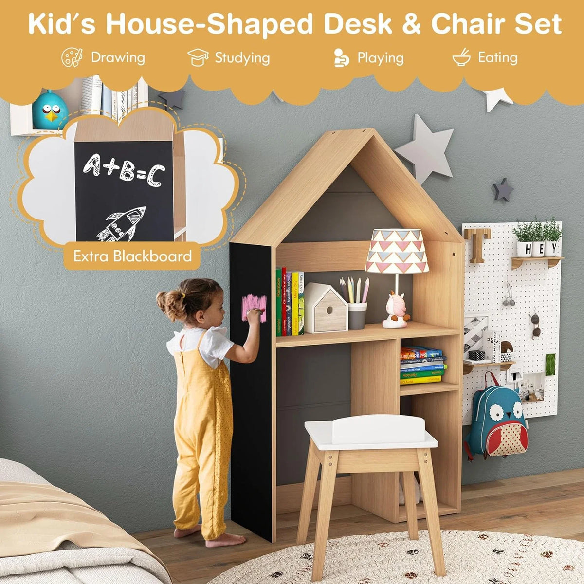 Kids Grey 2-in-1 Wooden Table and Chair Set with Blackboard Z6117
