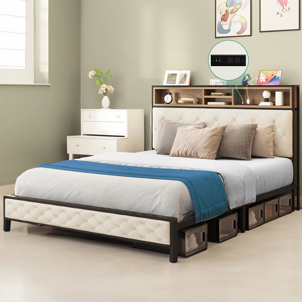 Queen Size Beige Bed Frame with Charging Station and Storage Headboard W19513