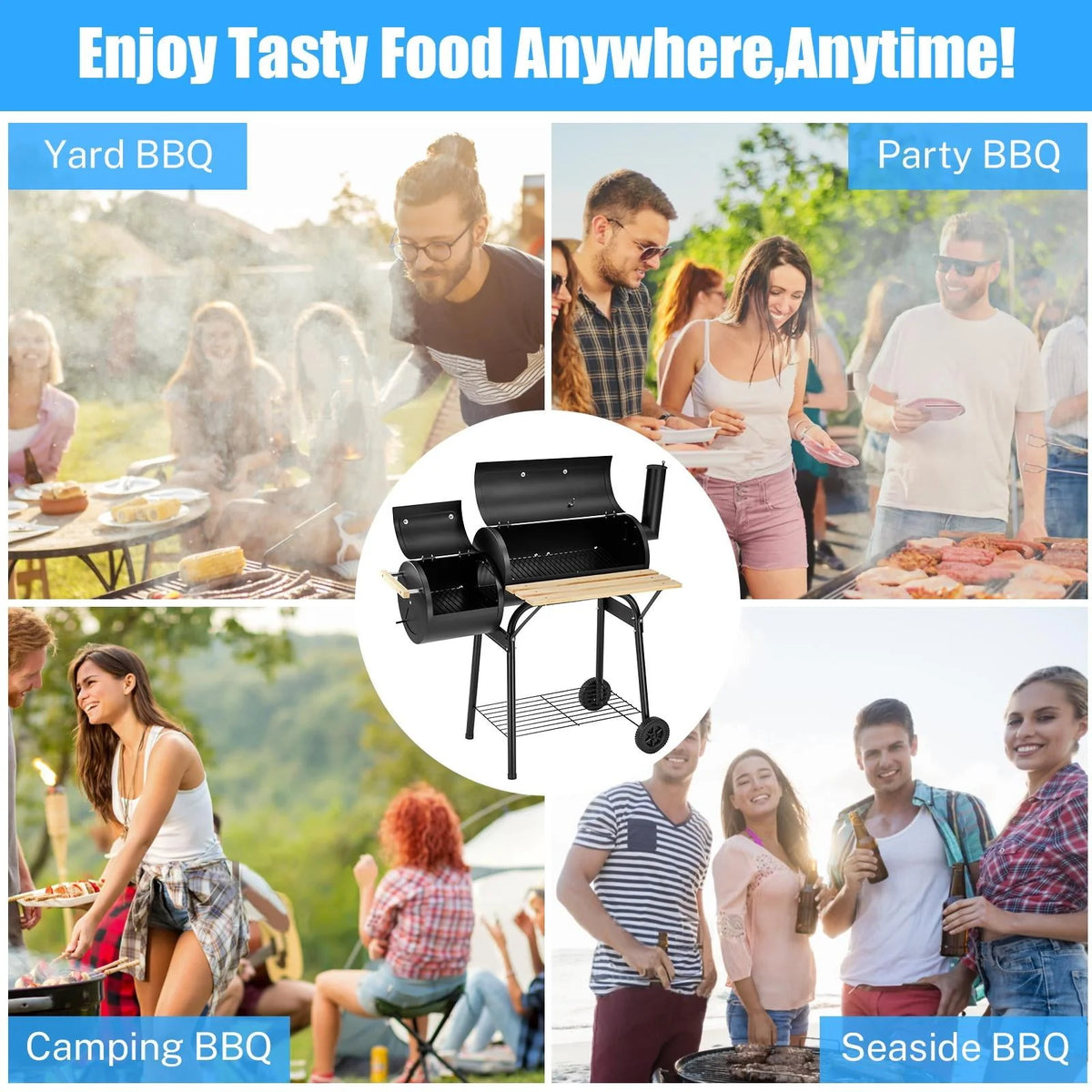 Charcoal Grill, 45.28-Inch Portable Offset Smoker with Wheels & Thermometer O856710