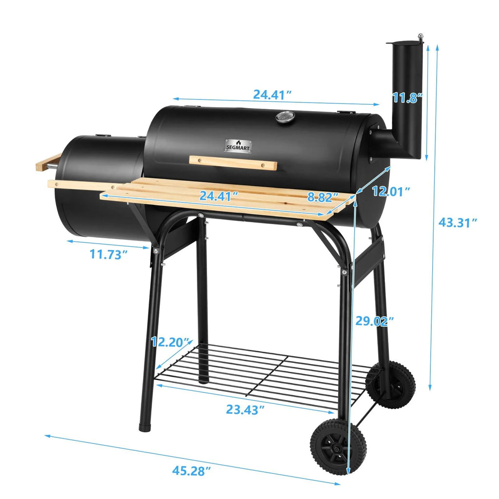 Charcoal Grill, 45.28-Inch Portable Offset Smoker with Wheels & Thermometer O856710