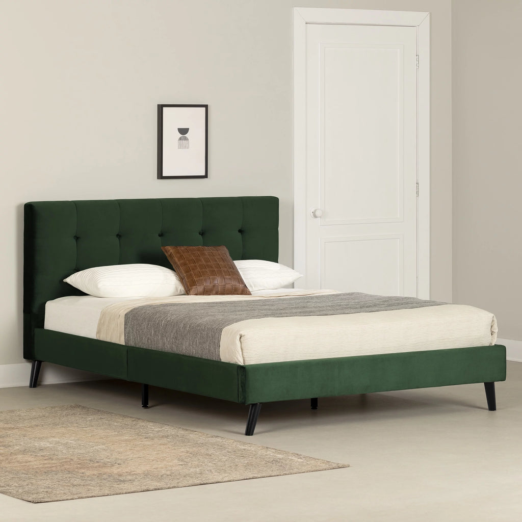 Dark Green Upholstered Queen Platform Bed with Headboard S310