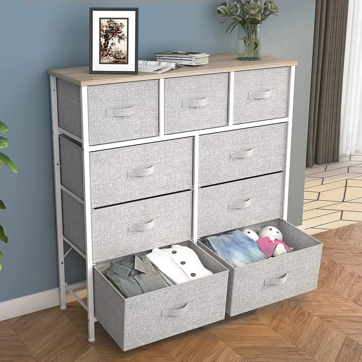 Light Gray 9 Drawer Dresser Storage Chest R9497