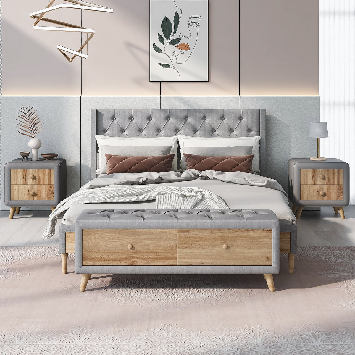 4 Piece Linen Platform Bed Frame with Nightstands and Storage Bench Z426918