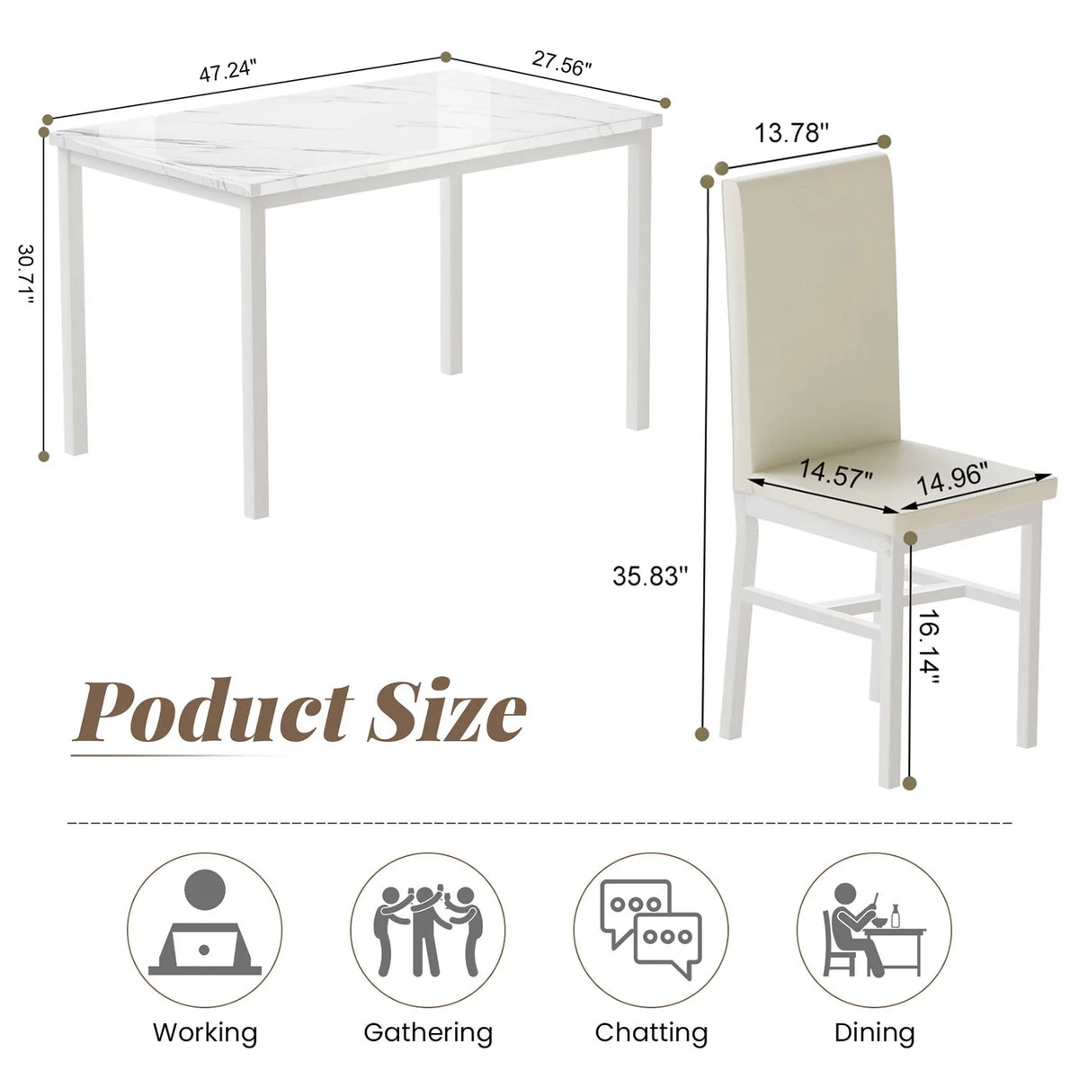 5 Piece Faux Marble Dining Set with 4 PU Leather Chairs M3553