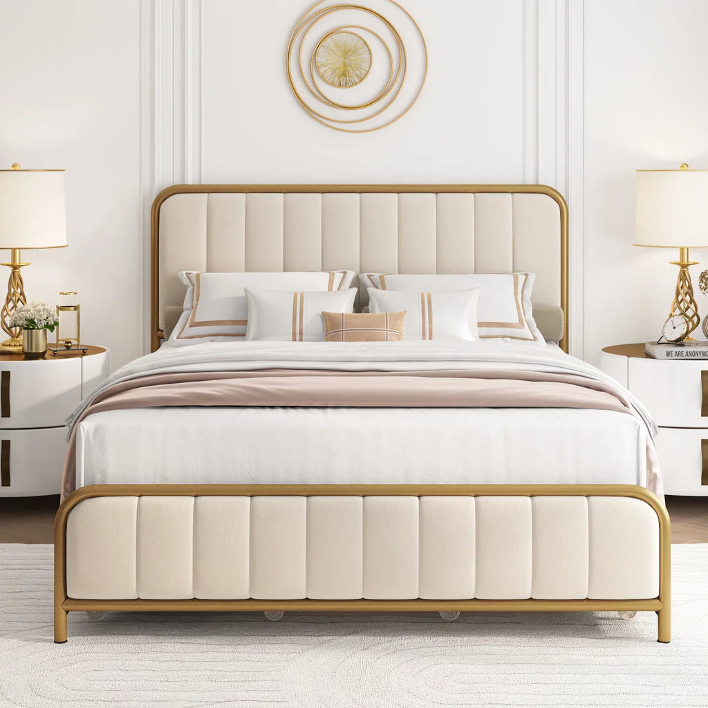 Queen Size Beige Upholstered Platform Bed with 4 Storage Drawers W214