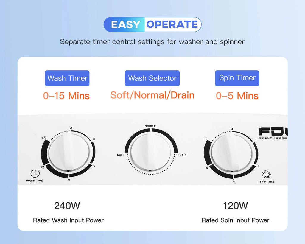 Portable Automatic Washing Machine 10lbs Twin Tub Compact Washer with Spin Dryer White V48294