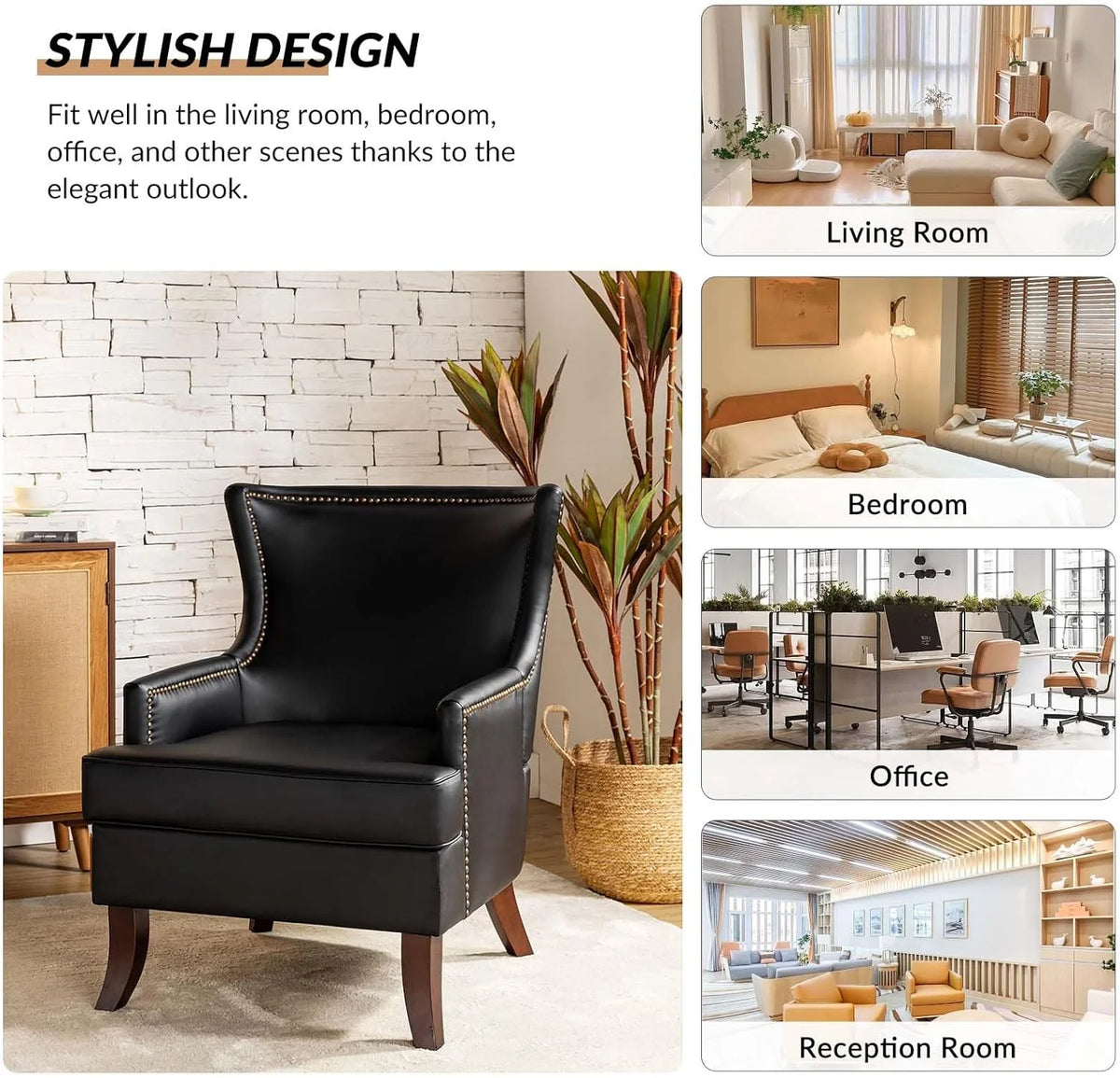 Black Faux Leather Wingback Accent Chairs Set Of 2 U293