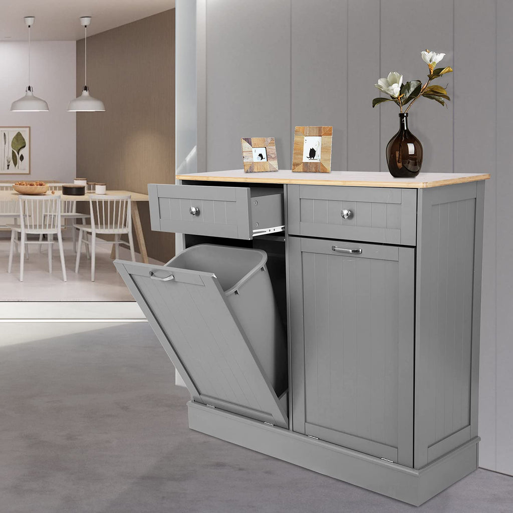Double Tilt Out Kitchen Trash Cabinet with Two Wood Drawers N522