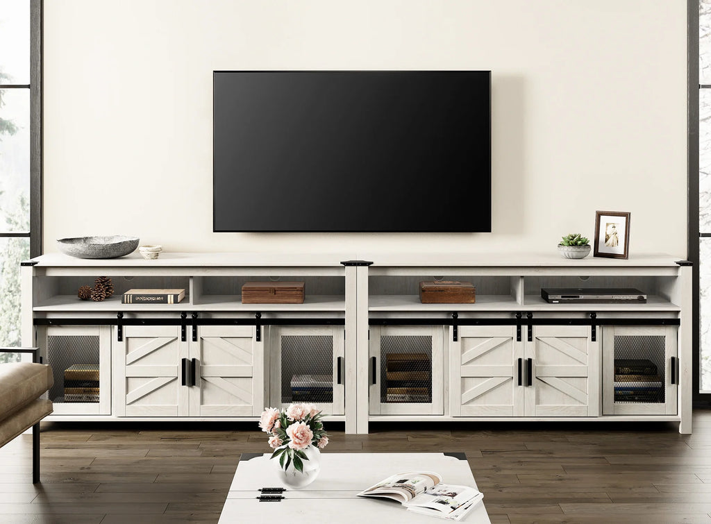 Antique White Wooden TV Stands with Mesh and Barn Doors V602117