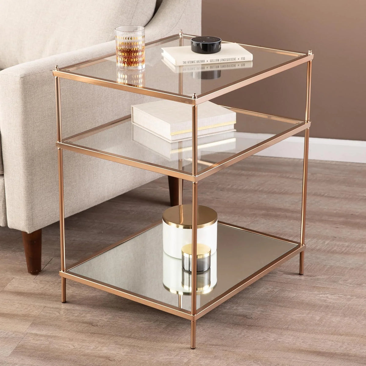 Mirrored Side Table, 3-Tier, Copper N8209