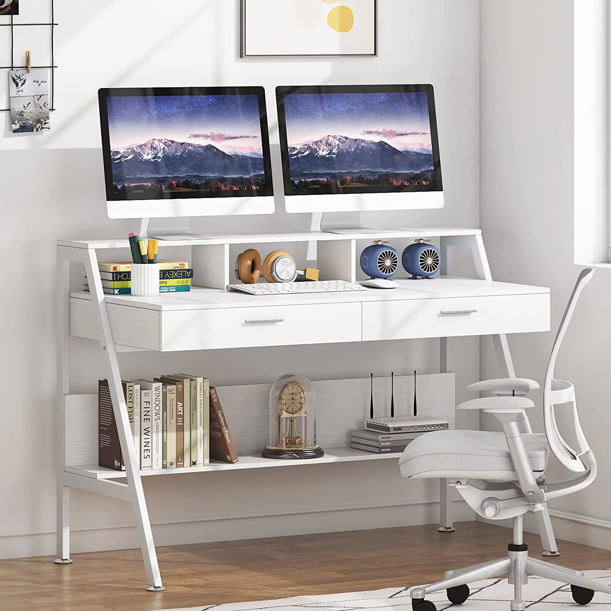 White Computer Desk with 2 Drawers and Storage Shelf J907