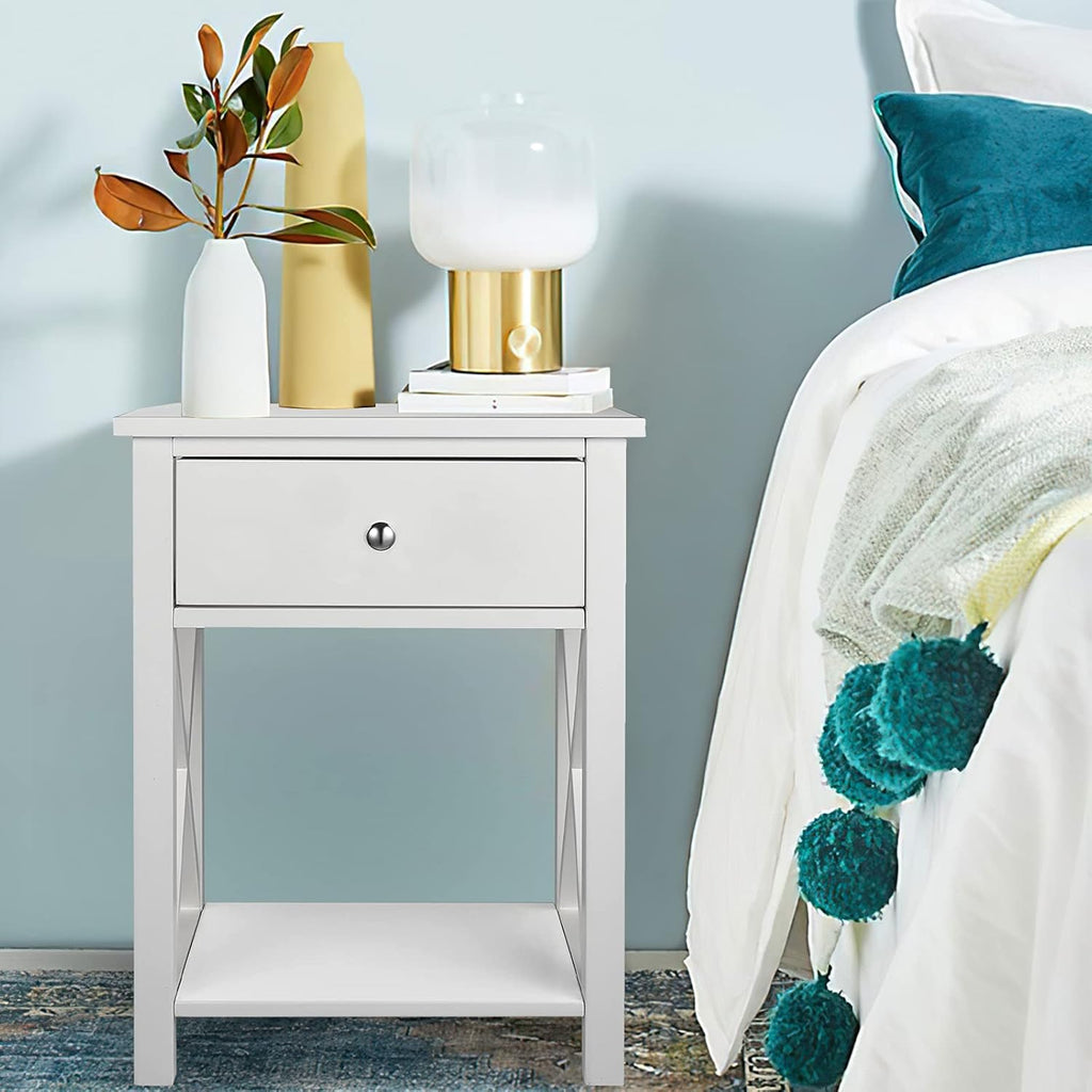 White Wooden Side End Table with Bin Drawer Set of 2 D925605