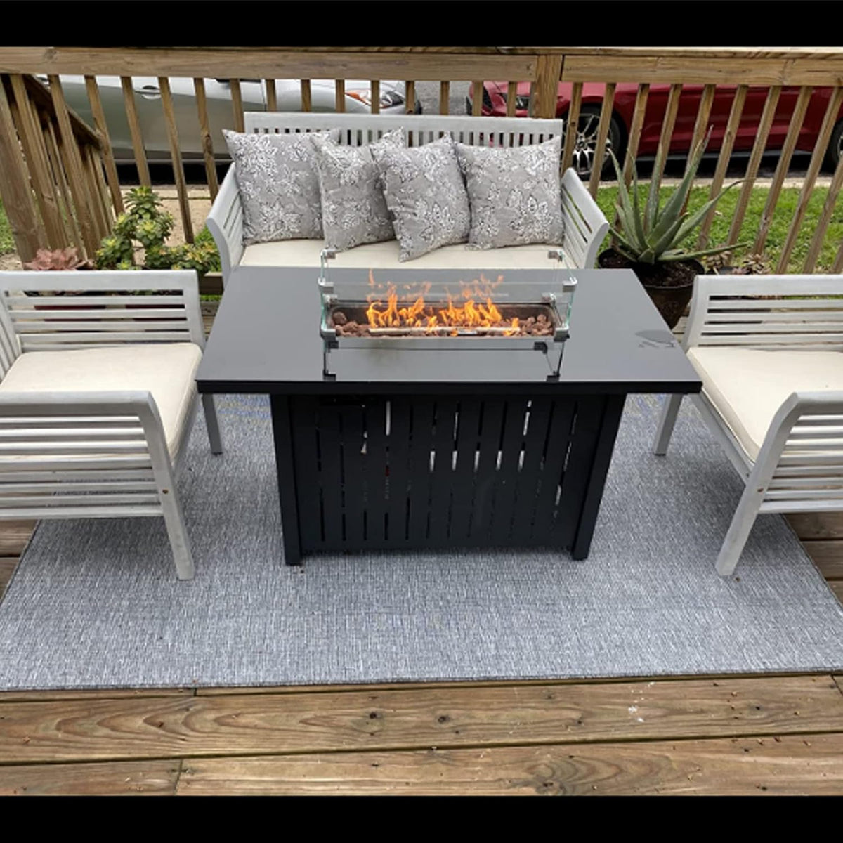 Propane Fire Pit Table 43 in 60,000BTU Auto-Ignition with Glass Wind Guard U248