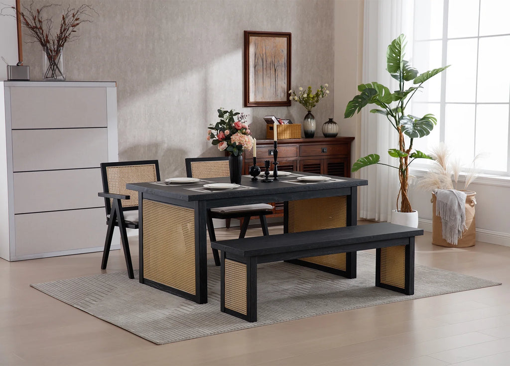 63" Solid Wood Rectangular Dining Table with Rattan Legs N413
