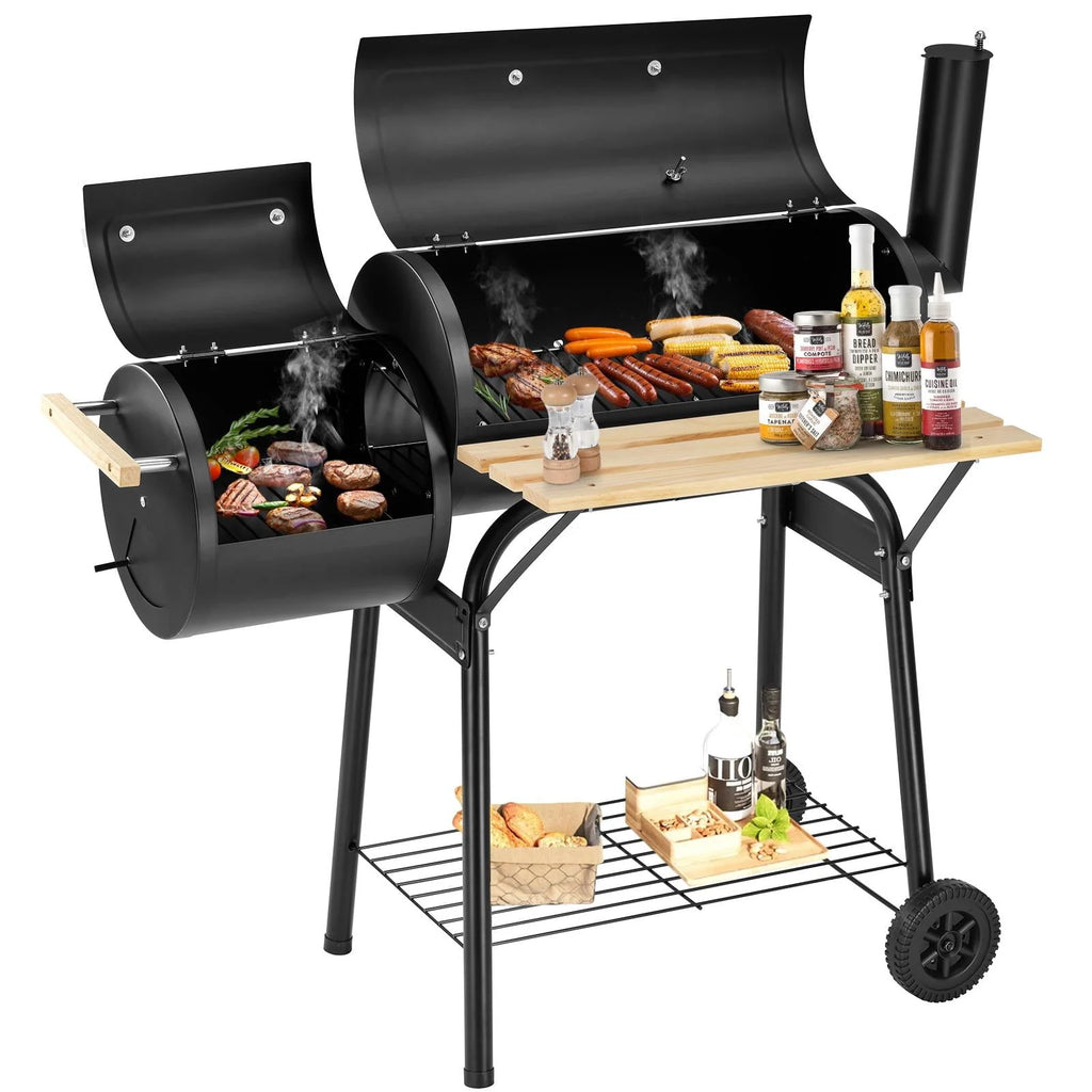 Charcoal Grill, 45.28-Inch Portable Offset Smoker with Wheels & Thermometer O856710