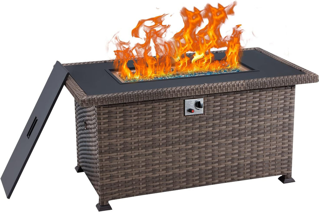 38 Inch 50,000 BTU Round Propane Fire Pit Table with Lid and Fire Glass T5952