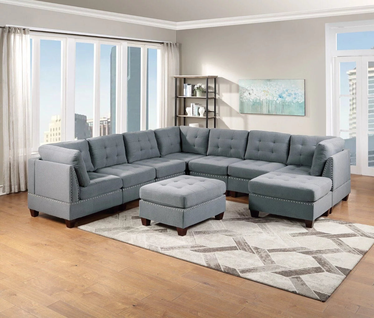 Gray Fabric Sectional Sofa Set 9pcs T14655