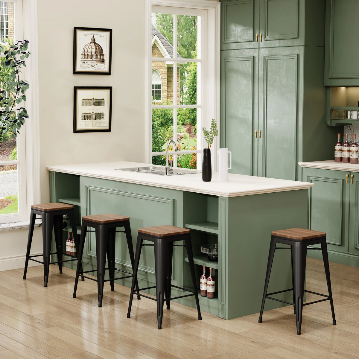 Set of 4 Metal Bar Stools Wood Seat Backless Q3484